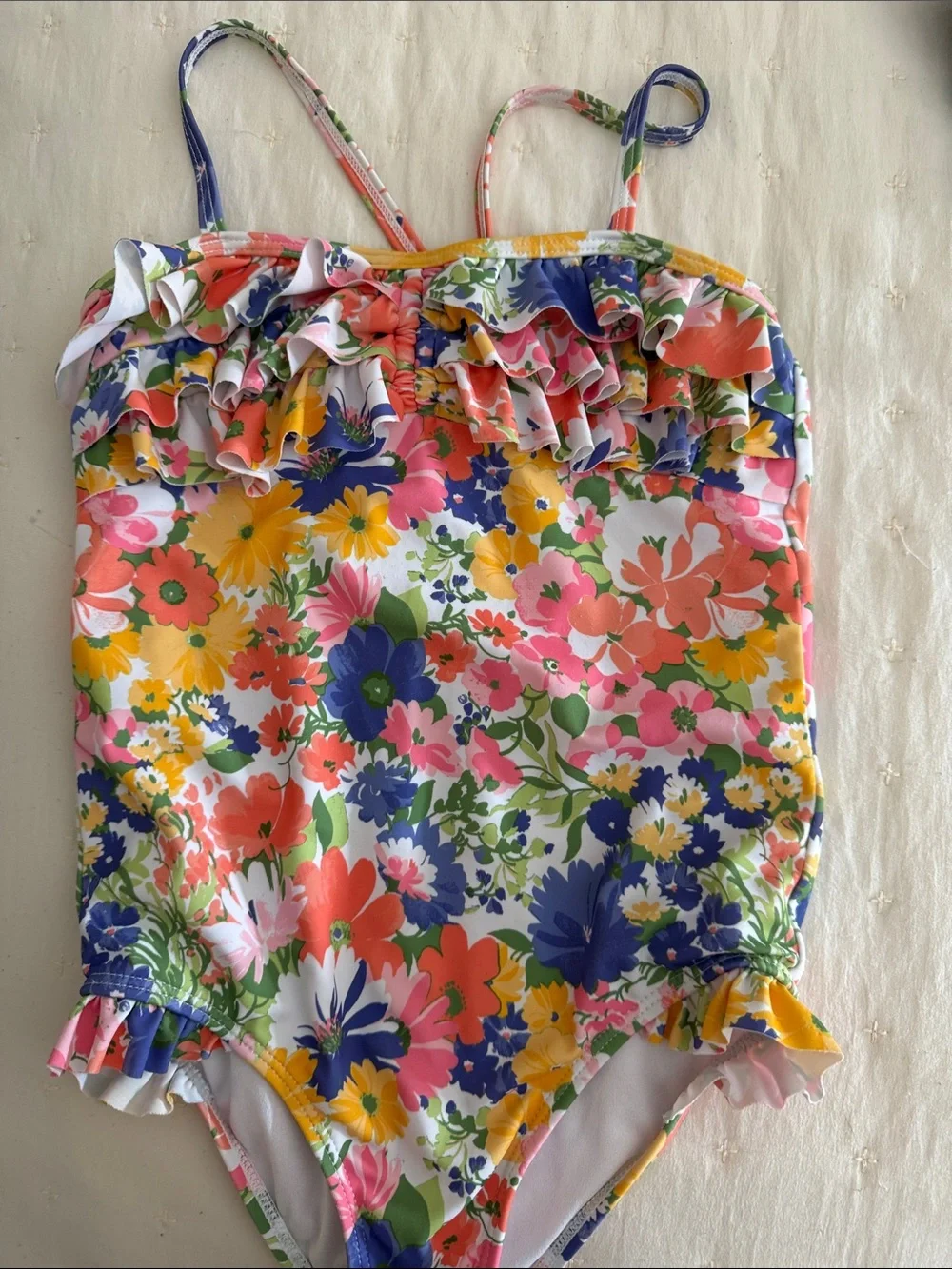 Janie and Jack White Floral-Print Ruffle Swimsuit